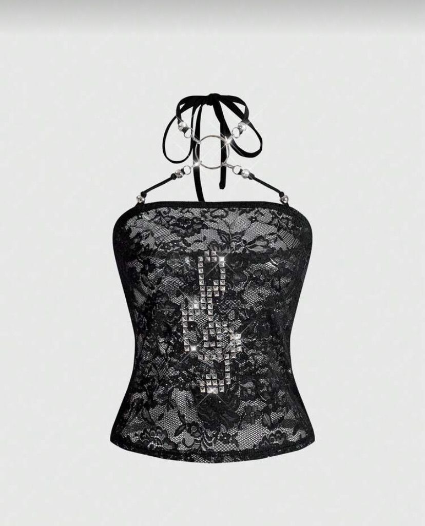 Mesh Halter Rhinestone Top