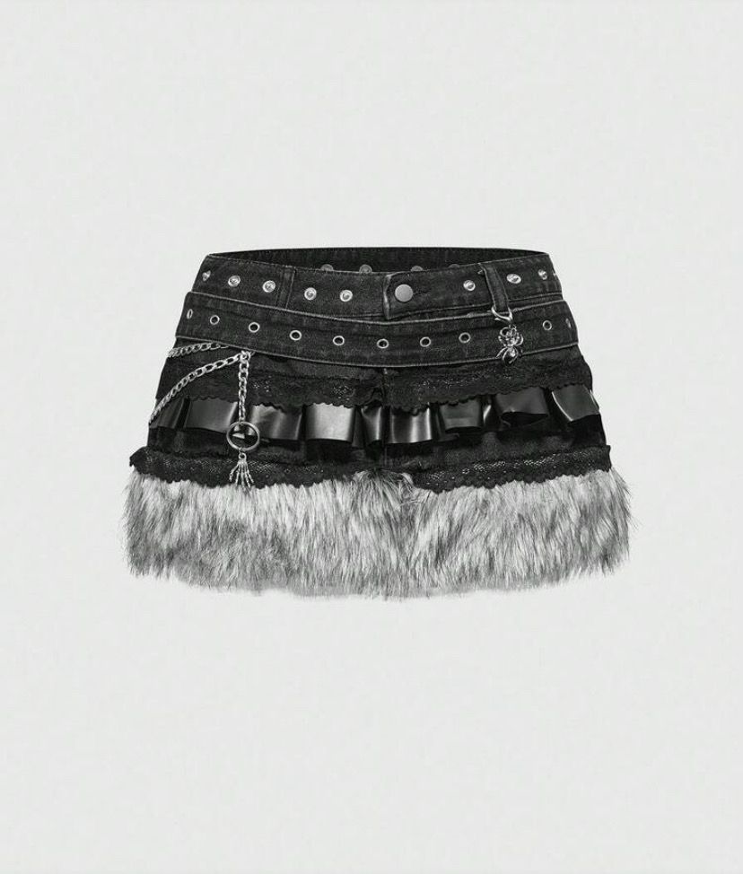 Grey Fuzzy Denim Mini Skirt