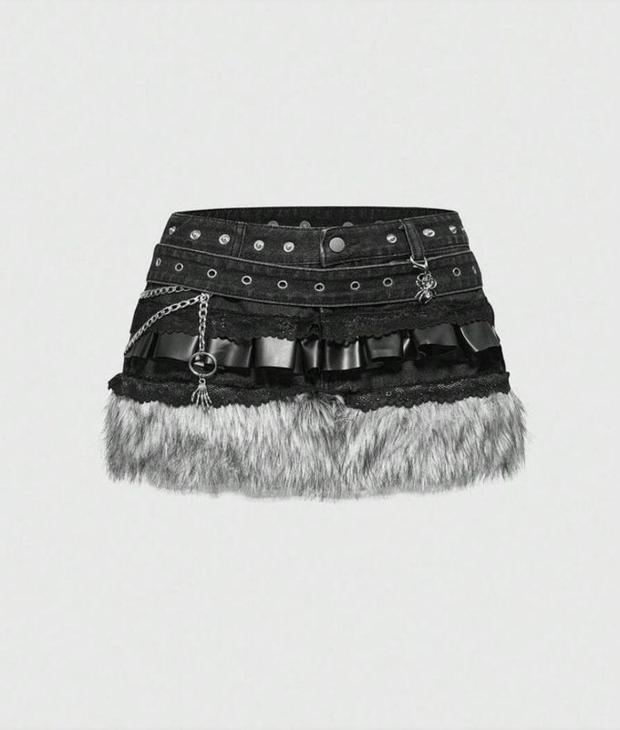 Grey Fuzzy Denim Mini Skirt