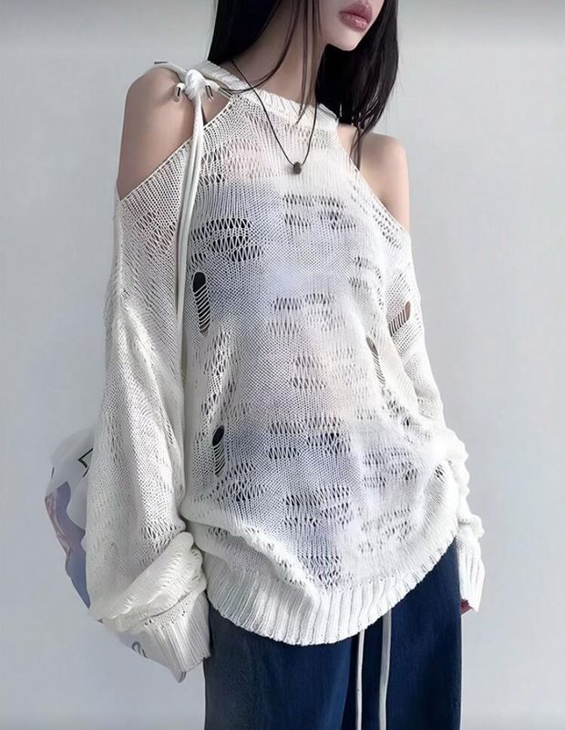 Distressed White Sweater