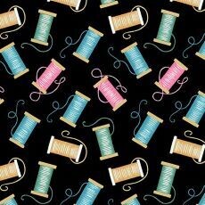 13816 Sew Sleep Repeat Tossed Spools Black $32 per mt