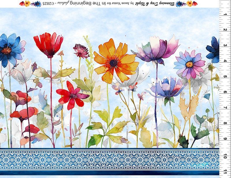Blooming Day Night Floral Border blue $32 per mt