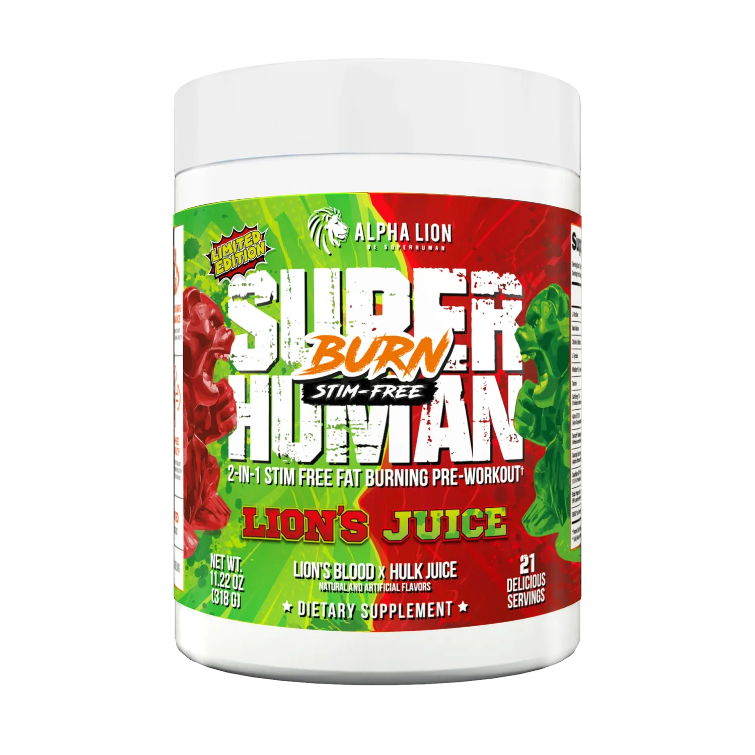 Alpha Lion Stim-Free SuperHuman Burn V2, Flavor: Lion&#39;s Juice (Lion&#39;s Blood x Hulk Juice), Size: 21 Servings