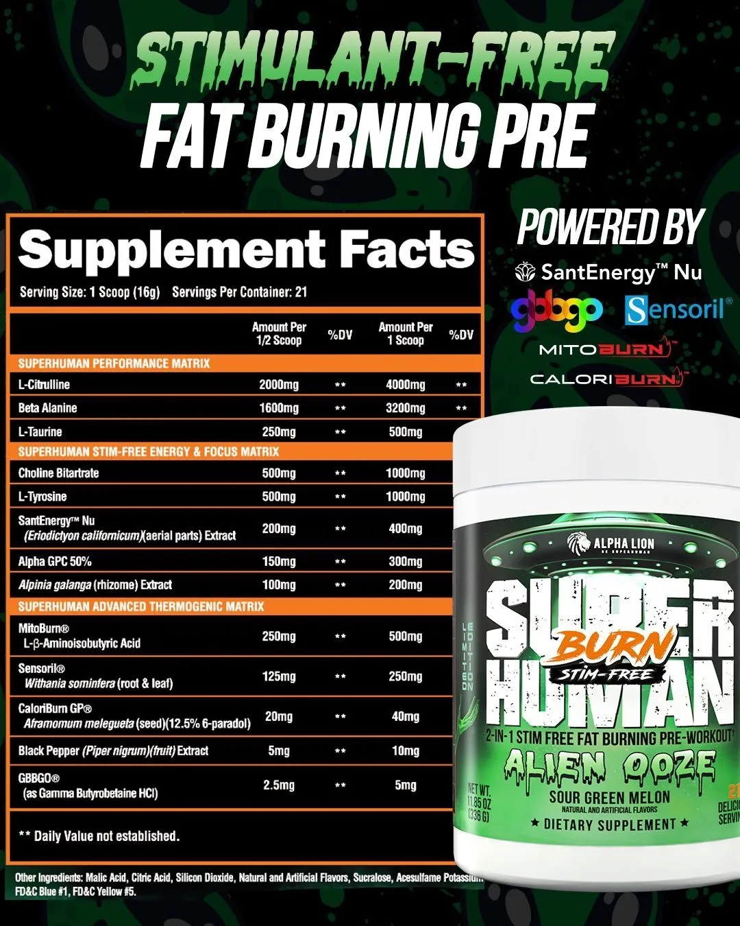 Alpha Lion Stim-Free SuperHuman Burn V2, Flavor: Alien Ooze, Size: 21 Servings