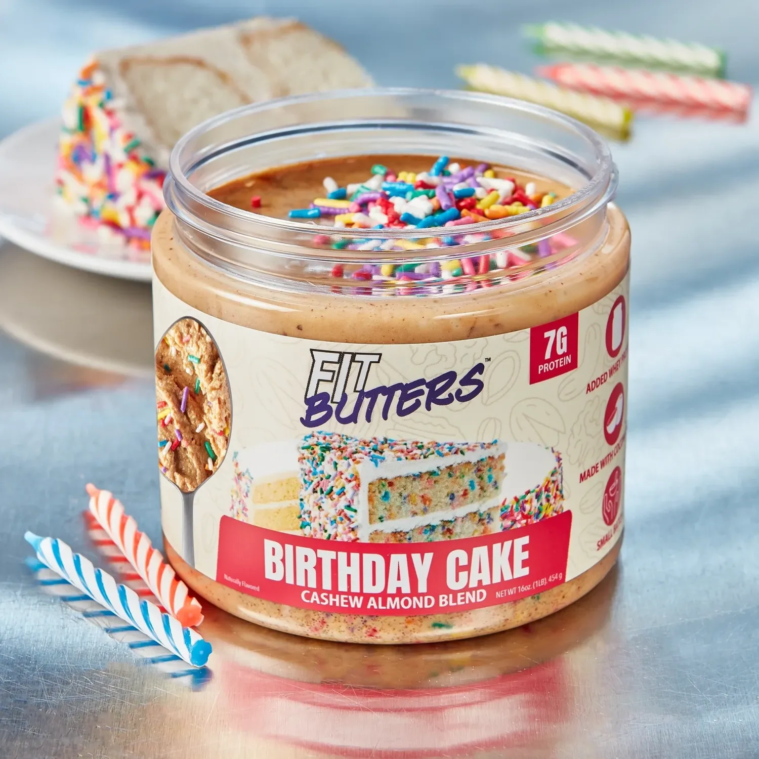 Fit Butters High-Protein Nut Butter Spreads, Flavor: Birthday Cake Cashew Almond Butter, Size: 16 oz