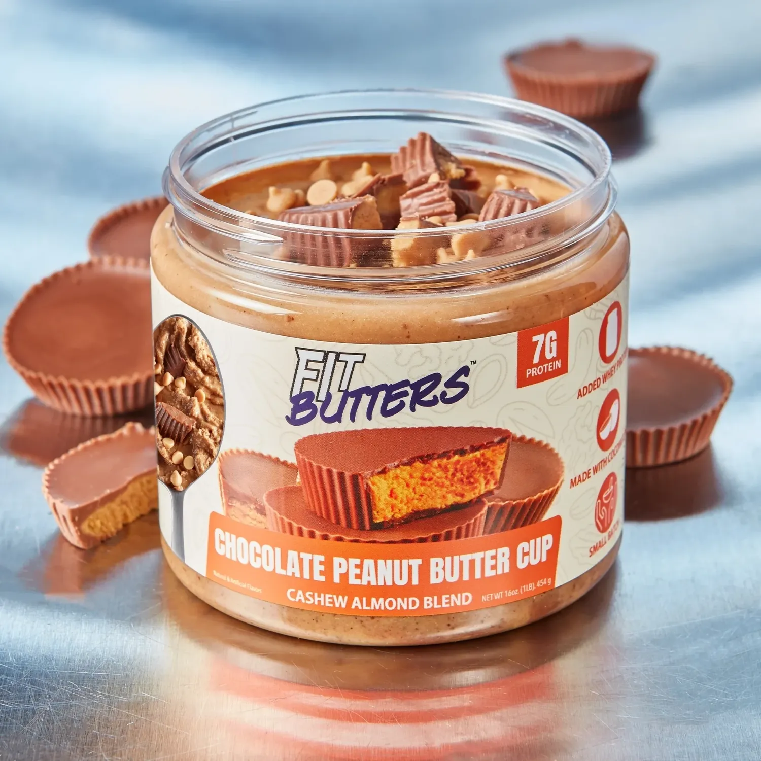 Fit Butters High-Protein Nut Butter Spreads, Flavor: Chocolate Peanut Butter Cup Cashew Almond Butter, Size: 16 oz