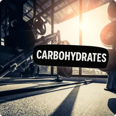 Sunlit gym with weights and Carbohydrates text, featuring carb supplements for energy, endurance, and recovery.