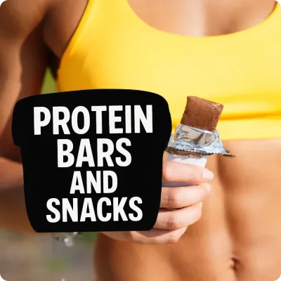 Person holding a protein bar with Protein Bars and Snacks text, highlighting a selection of healthy snack products.