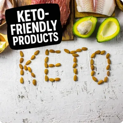 Keto-friendly foods like avocado, fish, and almonds with Keto-Friendly Products text, featuring keto supplements.
