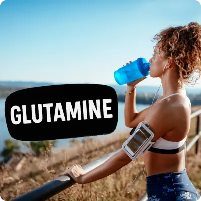 Woman drinking from shaker outdoors with Glutamine text, featuring glutamine supplements for recovery.