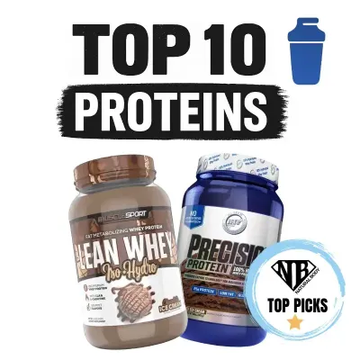Top 10 Proteins graphic highlighting Natural Body’s best-selling products in the protein supplement lineup.