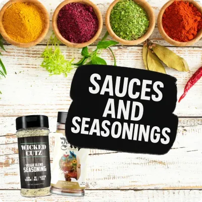 Colorful spices and bottles with Sauces and Seasonings text, highlighting a selection of flavor-boosting products for meals.