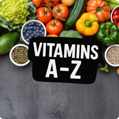 Fresh vegetables and seeds with Vitamins A–Z text, highlighting a selection of targeted vitamins for daily health support.