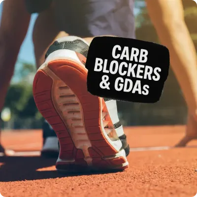 Close-up of runner’s shoe on track with Carb Blockers &amp; GDAs text, featuring glucose disposal supplements.