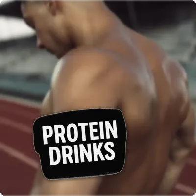 Athlete on track with Protein Drinks text, showing protein drink products that support muscle building and recovery.