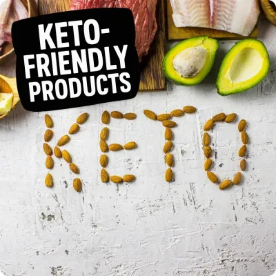 Keto-friendly foods like avocado, fish, and almonds with Keto-Friendly Products text, featuring keto supplements.