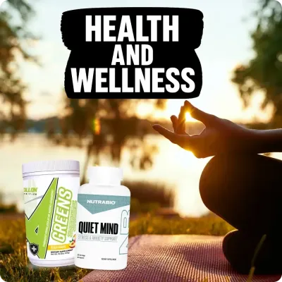 Person meditating outdoors with wellness supplements in front, highlighting products for balance and daily health.