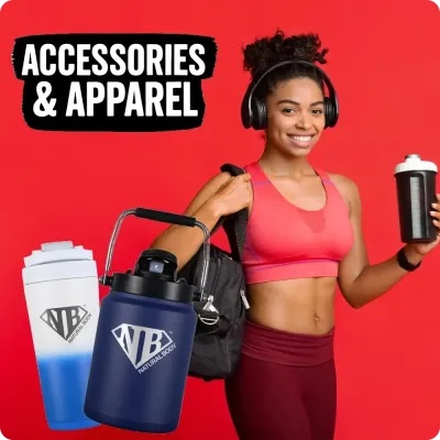 Smiling athlete holding shaker and gym bag with Natural Body bottles in front, highlighting accessories and athletic apparel.