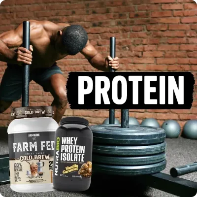 Athlete pushing sled with protein tubs in front, highlighting protein powders for recovery and lean muscle.