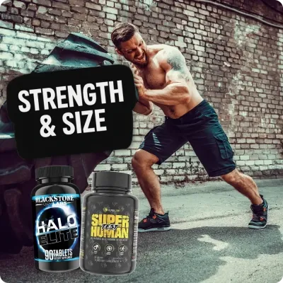 Athlete flipping heavy tire with strength supplements in front, promoting products for muscle size and power.