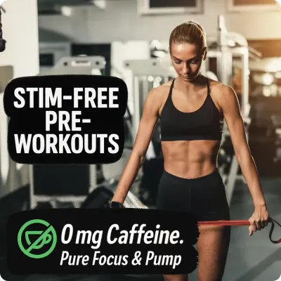 Woman training with resistance band in gym with Stim-Free Pre-Workouts text, showing caffeine-free supplements.