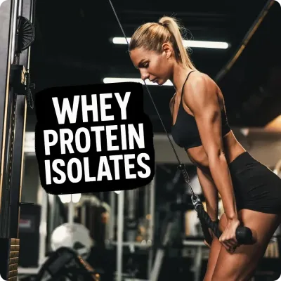 Woman training on cable machine with Whey Protein Isolates text, highlighting Natural Body’s selection of whey isolate's.