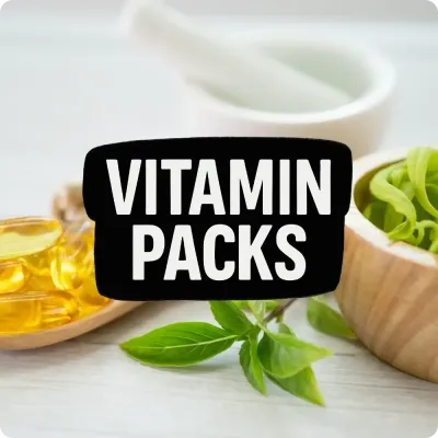 Vitamin capsules and leafy greens with Vitamin Packs text, highlighting a selection of vitamin pack products for daily health