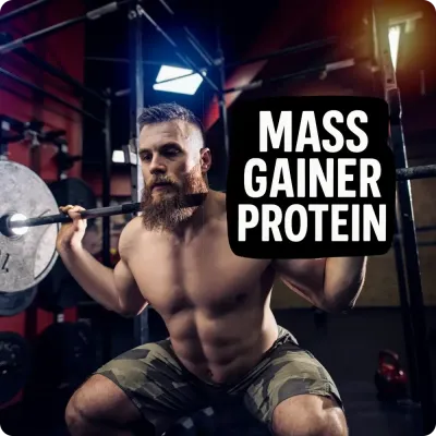 Man squatting with barbell in gym with Mass Gainer Protein text, highlighting Natural Body’s selection of mass gainer protein