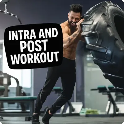 Athlete flipping tire in gym with Intra and Post Workout text, featuring recovery and hydration supplements.
