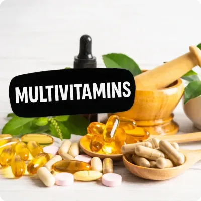 Assorted multivitamin capsules and tablets with Multivitamins text, highlighting supplements for everyday wellness.