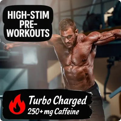 Bodybuilder using cable machine with High-Stim Pre-Workouts text, featuring high-caffeine pre-workout supplements.