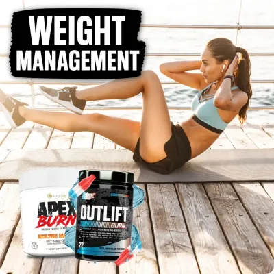 Woman doing ab workout outdoors with weight management supplements, highlighting products for fat loss.