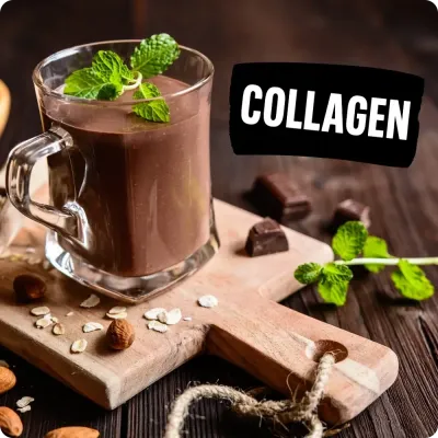 Glass of chocolate collagen shake with nuts and oats, highlighting Natural Body’s selection of collagen protein supplements.