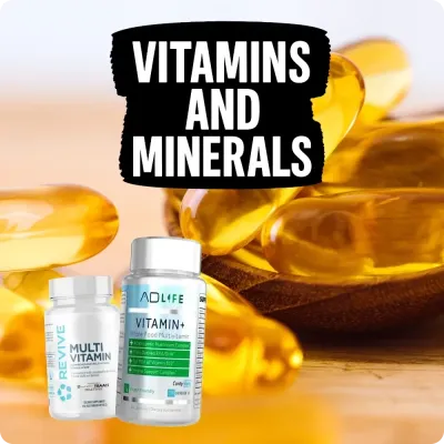 Bottles of multivitamins with golden capsules in background, highlighting supplements for daily vitamins and minerals.