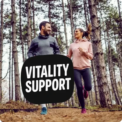 Man and woman jogging in forest with Vitality Support text, highlighting supplements for vitality and wellness.