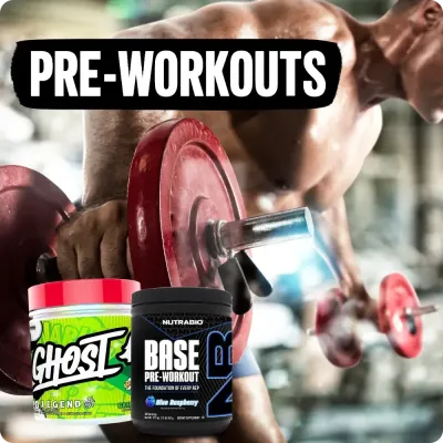 Athlete lifting barbell with Ghost and NutraBio pre-workout tubs, highlighting supplements for workout energy.