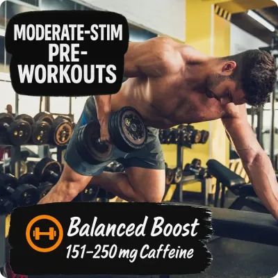 Man lifting dumbbell in gym with Moderate-Stim Pre-Workouts text, featuring moderate caffeine pre-workout supplements.