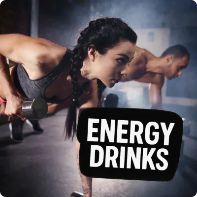 Athletes training with dumbbells in gym with Energy Drinks text, featuring performance energy drink selection.