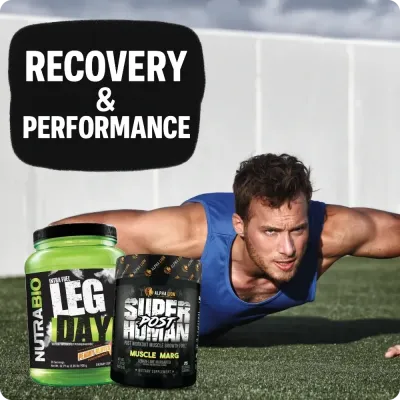 Athlete doing push-ups with recovery supplements in front, highlighting products for muscle repair and performance