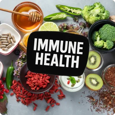 Assortment of fruits, veggies, and supplements with Immune Health text, featuring Natural Body immune support products.
