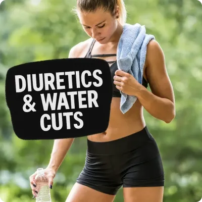Woman holding water bottle with Diuretics &amp; Water Cuts text, featuring water weight and definition supplements.