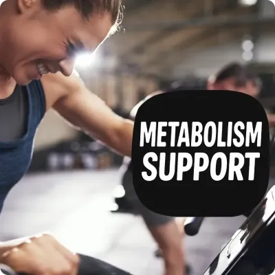 Focused athletes cycling in gym with Metabolism Support text, featuring weight management supplements.