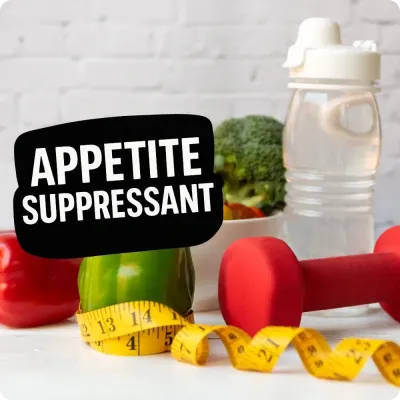 Vegetables, water bottle, and dumbbell with Appetite Suppressant text, featuring hunger control supplements.