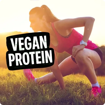 Woman stretching outdoors with Vegan Protein text, highlighting Natural Body’s selection of plant-based protein powders.