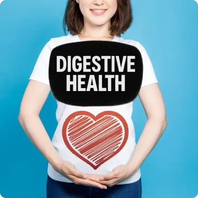 Smiling woman with heart graphic on shirt and Digestive Health text, highlighting a selection of supplements for gut wellness