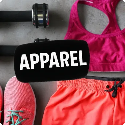Sports bra, shorts, and sneakers with Apparel text, highlighting a selection of athletic clothing for training and lifestyle.