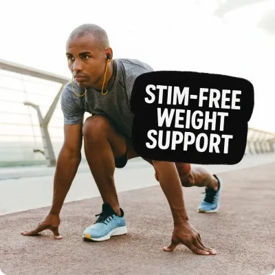 Athlete ready to sprint with Stim-Free Weight Support text, featuring stimulant-free weight support supplements.