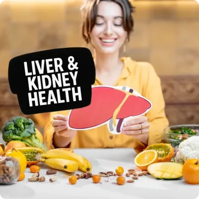 Smiling woman holding liver illustration with fruits and veggies, promoting Natural Body liver and kidney health supplements.