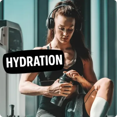 Fit woman opening shaker at gym with Hydration text, promoting electrolyte and hydration supplements.