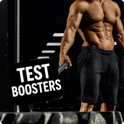 Muscular man training in gym with Test Boosters text, featuring testosterone support supplements.